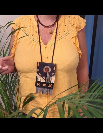 Leren tasje indianen style donkerblauw met franjes 2